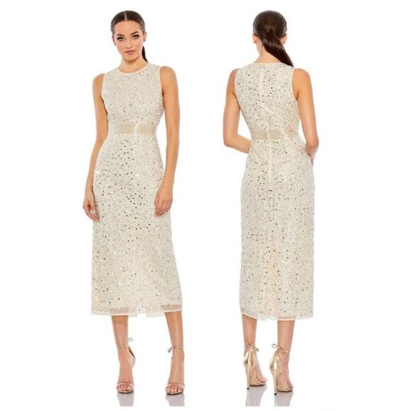 Mac Duggal Geometric Embellished Sleeveless Dress 93758 Nude Silver 6 NWT FLAW - Picture 4 of 10